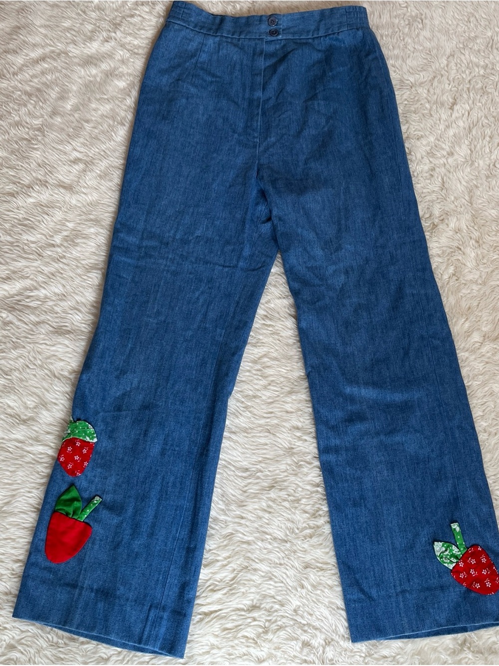 Catherine Carr Jeans Pants Size M? 70s Patches Strawberries Rare 🍓🍓 Wide Leg